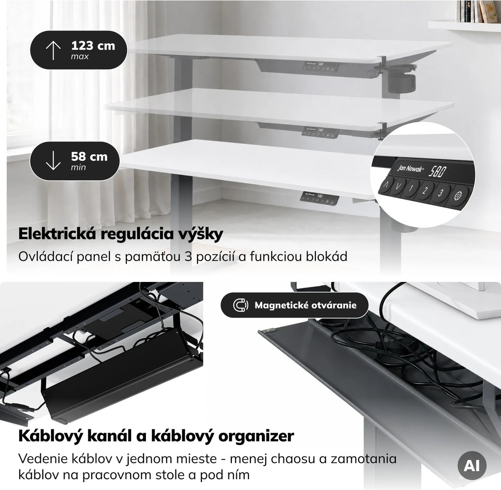 Elektrický stôl s nastavením výšky ergonomický antracitovo-bieli, 1400x700 mm: ARIA