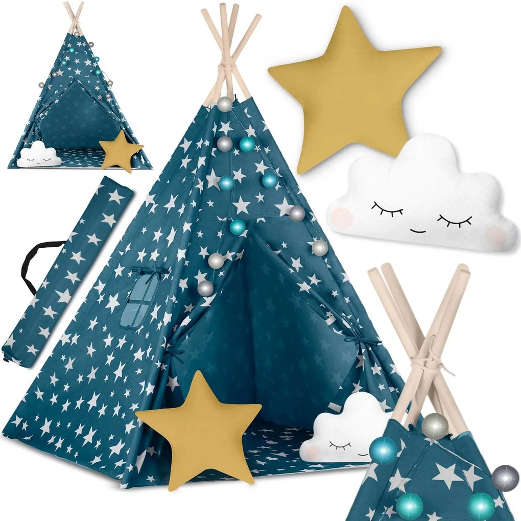Detský stan Tepee so svetlami Nukido - modrý
