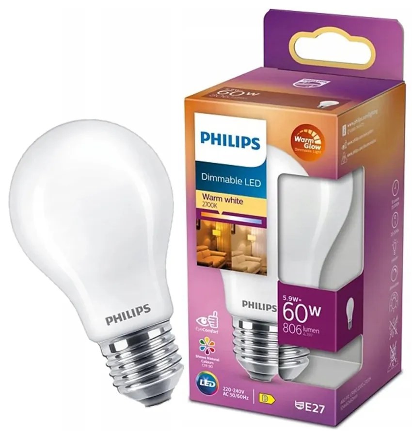 LED žiarovka E27 A60 5,9W = 60W 806lm 2700 Warm Filament Milk PHILIPS Stmievateľná