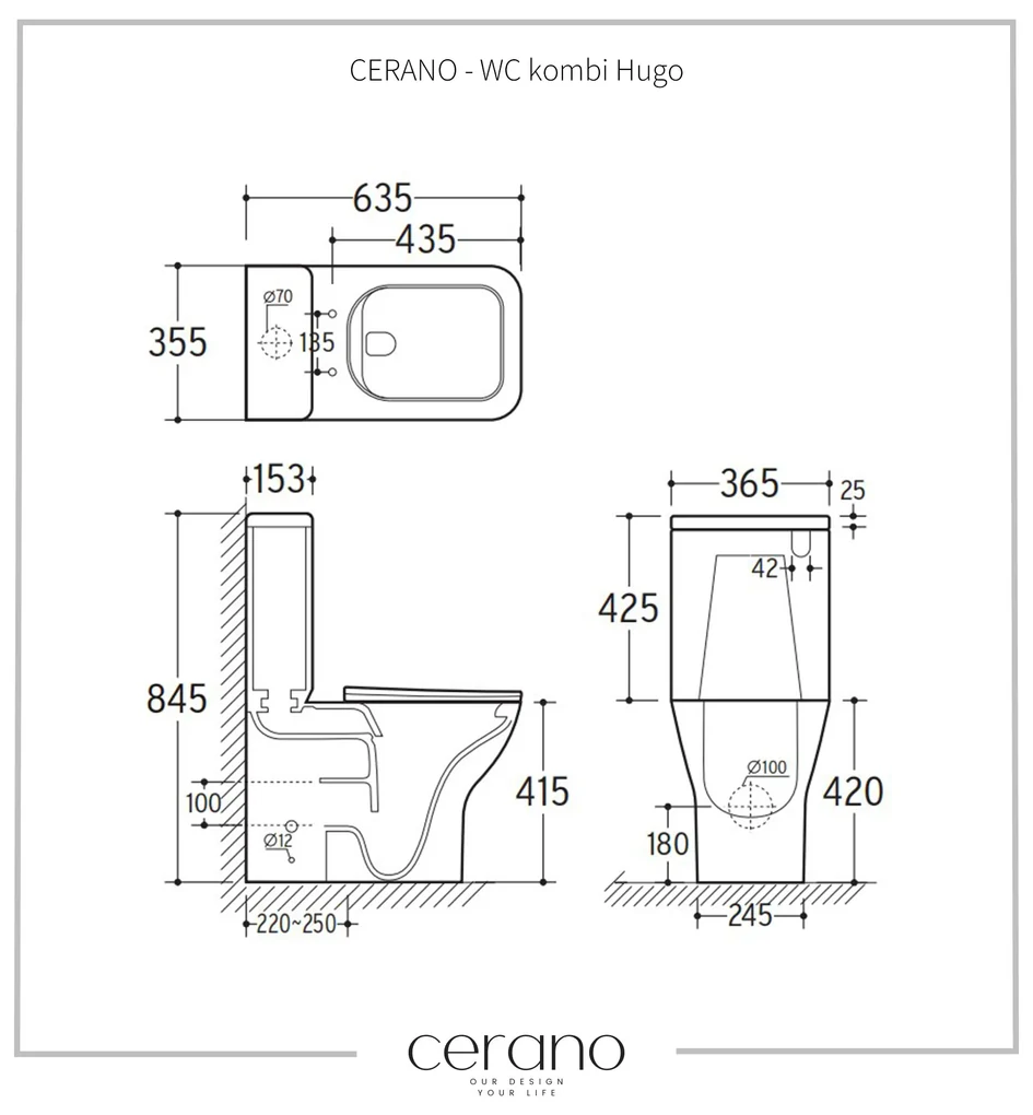 CERANO - WC kombi Hugo, Rimless + UF sedátko - čierna matná, CER-CER-538762