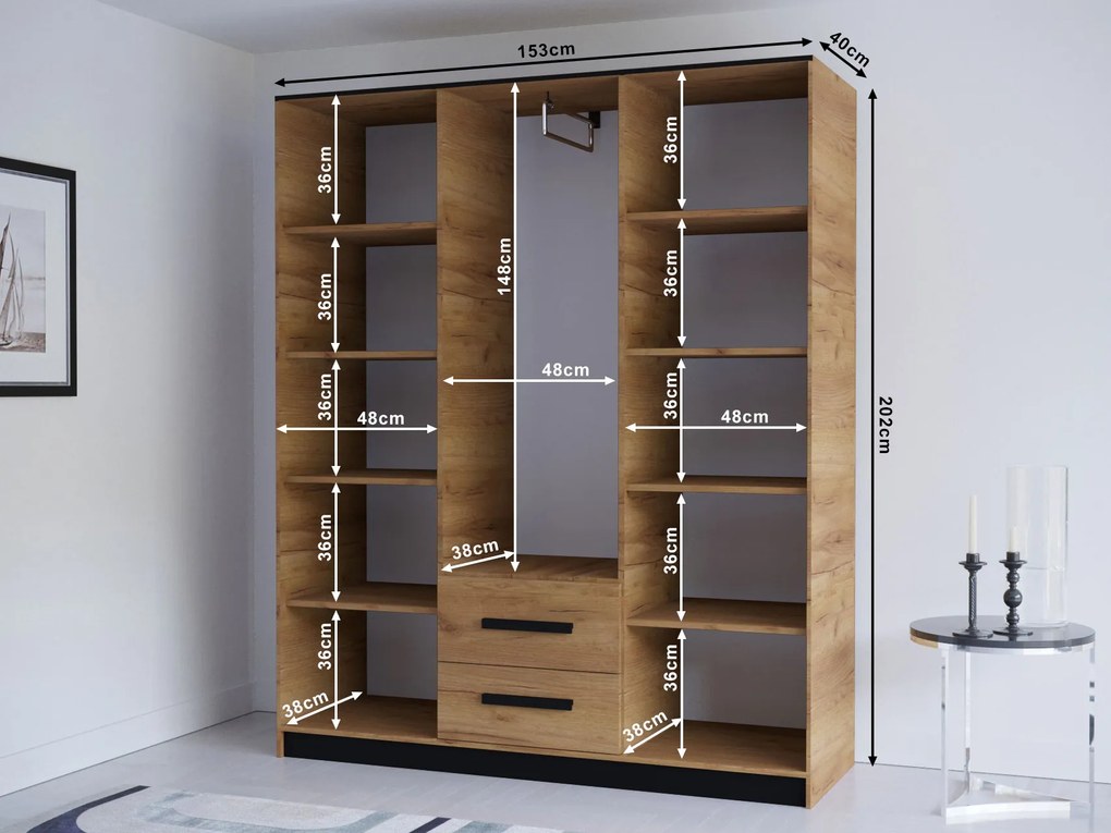 Šatníková skriňa 153 cm Marine 5 (dub craft zlatý + čierna). Vlastná spoľahlivá doprava až k Vám domov. 1063363