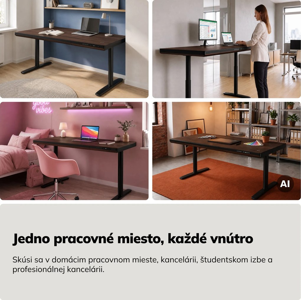 Elektrický písací stôl sit-stand so zásuvkou a bezdrôtovou nabíjačkou Qi čierny/orech, 1600 mm: ELLIS