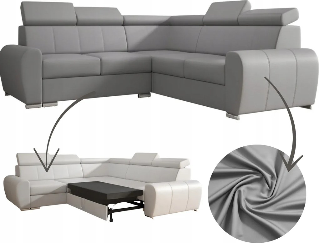 Rozkladací Rohový Gauč Šedý 255 Opierky Hlavy, Funkcia Spania, Skladová Ponuka
