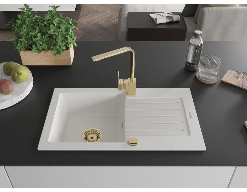 Mexen Pablo, granitový drez 752x436x161 mm, 1-komorový a zlatá batéria Rita, biela, 6510-20-670300-50