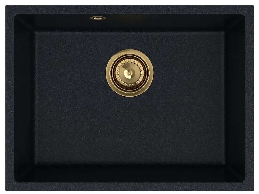 Sink Quality Crypton 60, kuchynský granitový drez 535x400x205 mm + zlatý sifón, čierna škvrnitá, SKQ-CRY.B.1KBO.60.XG