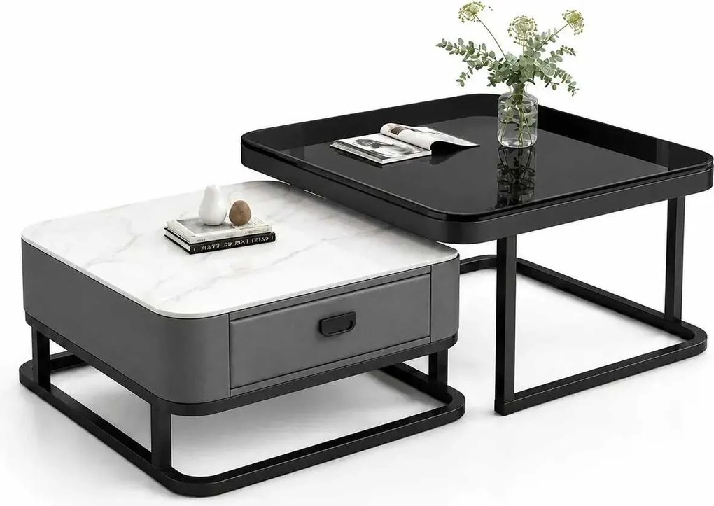 LuxuryForm DESIGN Konferenčný stolík ARAGON 70 × 70 / 60 × 60 cm – sivý / biely mramor + sklo (set 2 ks)