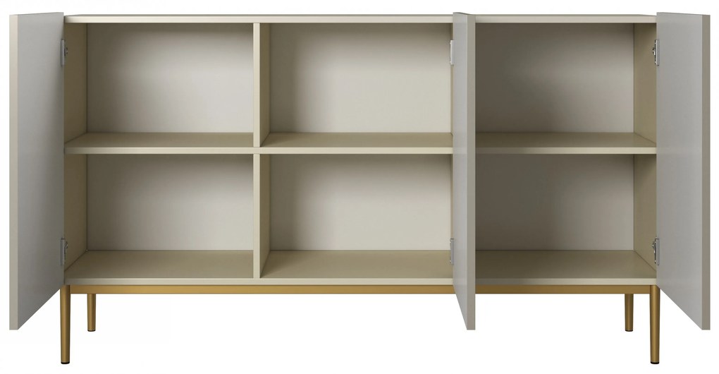 Komoda Nicole 150 cm trojdverová s ryhovanými dvierkami - kašmír / zlaté nožičky