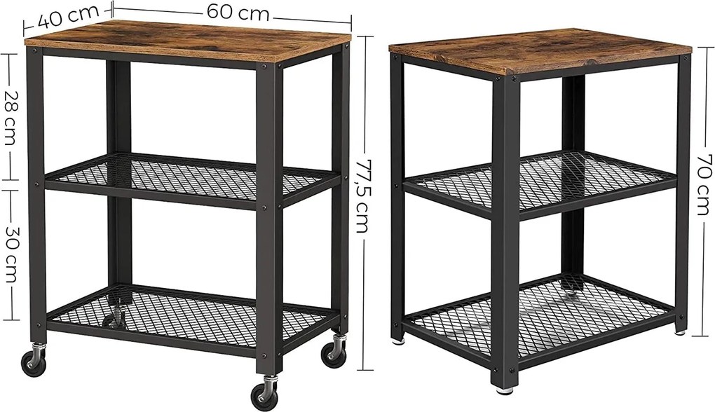 Servírovací vozík, kuchynská polica so 4 kolieskami, rustikálna hnedá