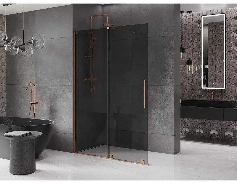 Mexen Velar, sprchová zástena s posuvnými dverami Walk-in 140 x 200 cm, 8mm šedé sklo, ružové zlato, 871-140-000-43-60