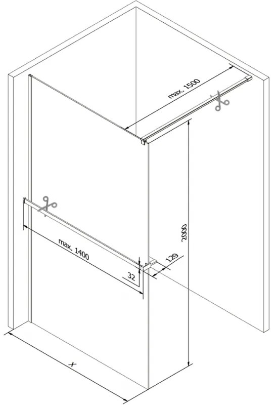 Mexen Kioto+, sprchová zástena Walk-In s poličkou a vešiakom 130 x 200 cm, 8mm sklo námraza, zlatý matný profil, 800-130-121-55-30