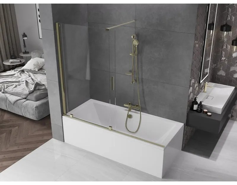Mexen Velar, 2-krídlová posuvná vaňová zástena 180 x 150 cm, 8mm číre sklo, zlatý lesklý profil, 896-180-000-01-50
