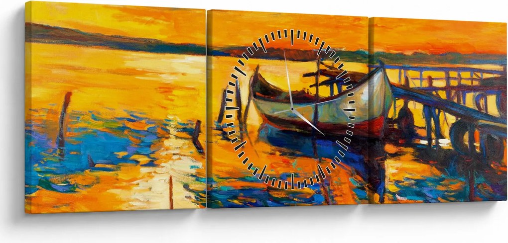 Obraz - Loďka pri západe slnka (s hodinami) (90x30 cm)