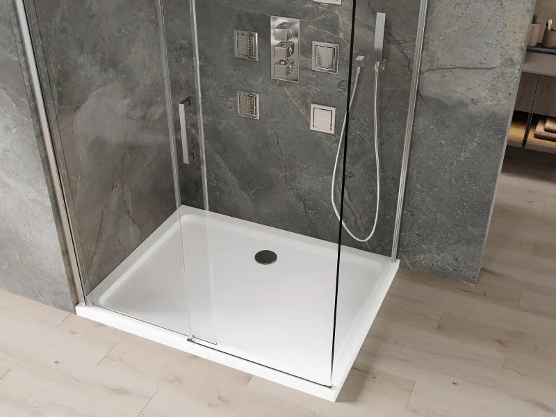 Mexen Omega, sprchovací kút s posuvnými dverami 110 (dvere) x 80 (stena) cm, 8mm číre sklo, chrómový profil + slim sprchová vanička 5cm, 825-110-080-01-00-4010