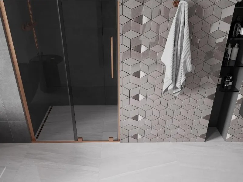 Mexen Velar L, posuvné sprchové dvere do otvoru 100 cm, 8mm šedé sklo, medená matná, 871-100-003-41-65
