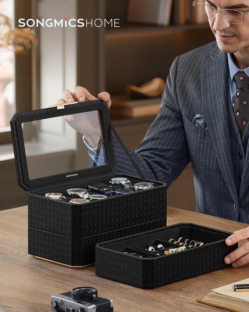 Kolekcia RONNE – 3-úrovňové puzdro na hodinky, 8-slotová krabička na hodinky, čierna