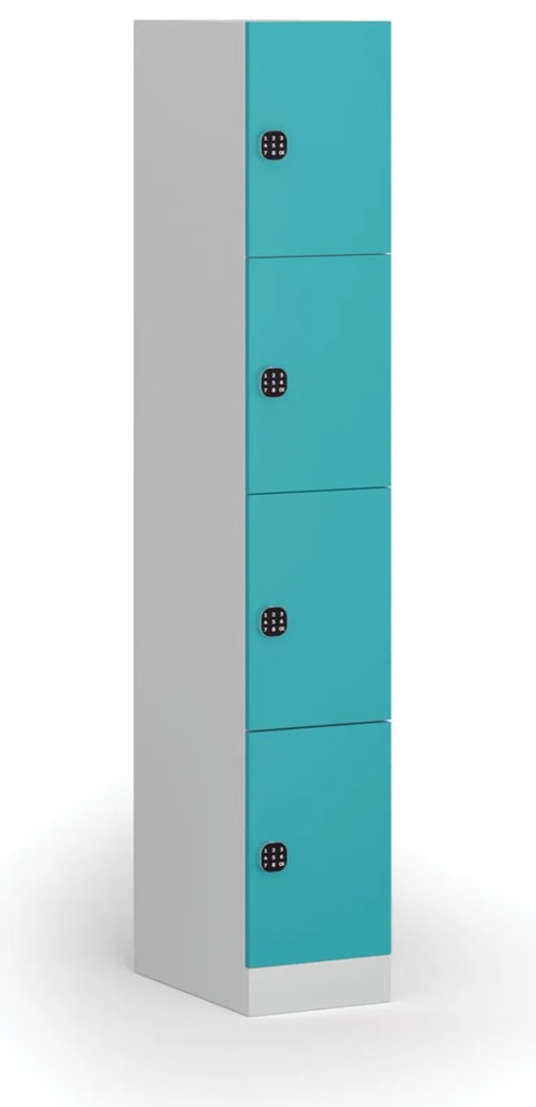 Šatníková skrinka S1 s úložnými boxmi, 4 boxy, 1850 x 300 x 500 mm, demont, kódový zámok, zelené dvere