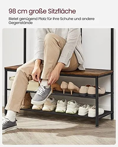 Vešiak na kabáty so zrkadlom a lavicou, industriálny, 180x98x35cm