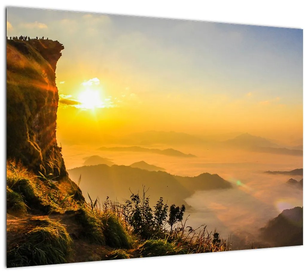 Sklenený obraz údolia v rannej hmle (70x50 cm)