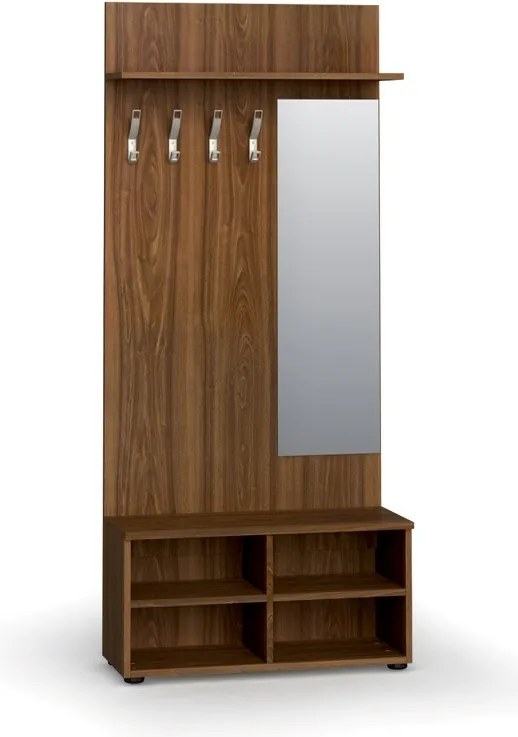 Vešiaková stena s botníkom a zrkadlom PRIMO WOOD, 4 háčiky, polica, roky zvisle, orech