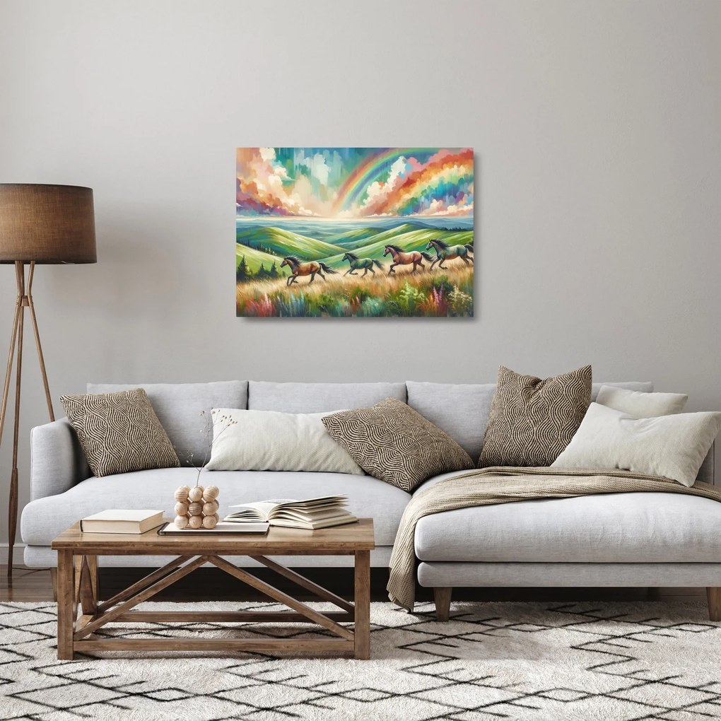 Sklenený obraz – Kone cválajúce krajinou (70x50 cm)