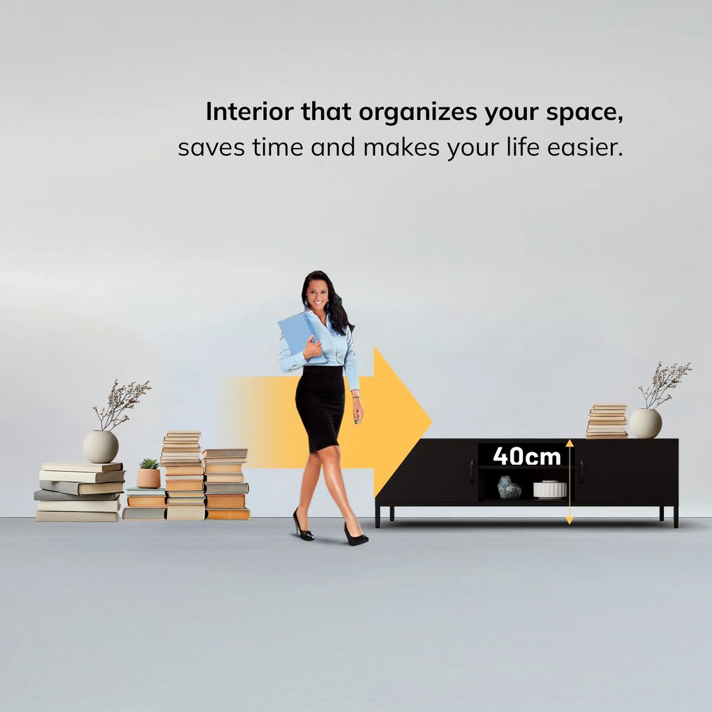 Široká kovová TV skrinka XL na nožičkách, čierna, 1700x400x500 mm: ROSARIA
