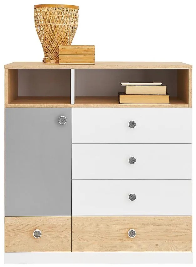 Komoda Pixel Px9 sušienkový dub / biely lux / sivý
