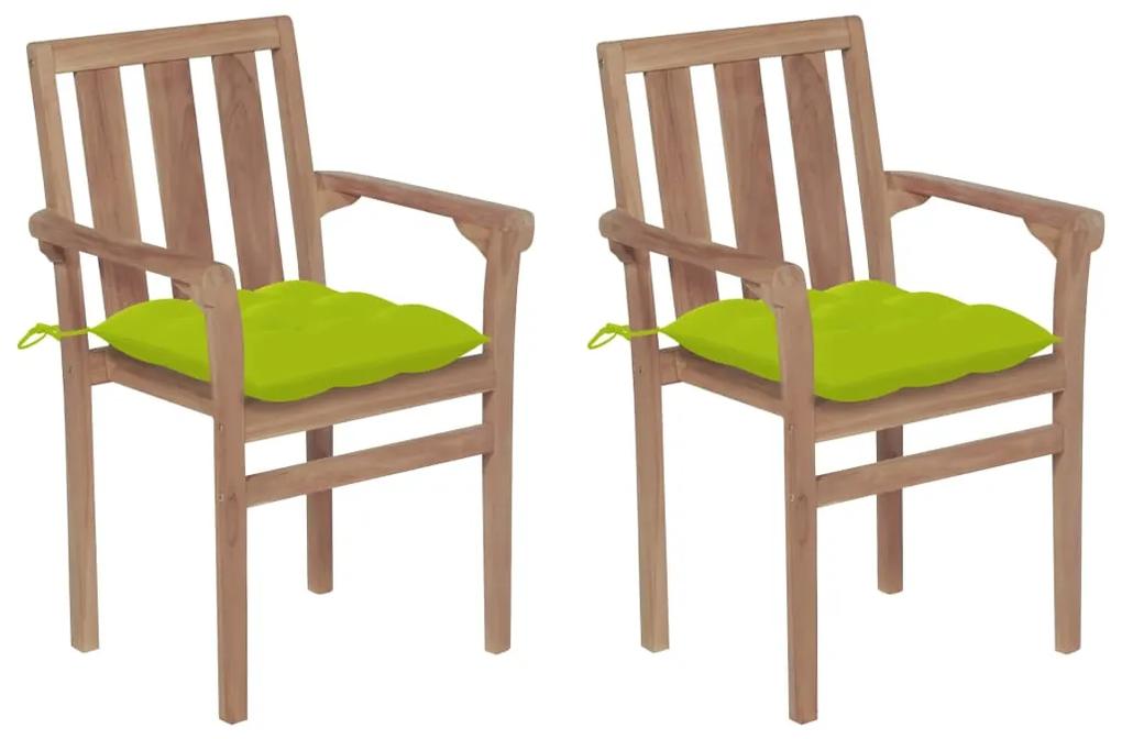Záhradné stoličky 2 ks, jasnozelené podložky, tíkový masív