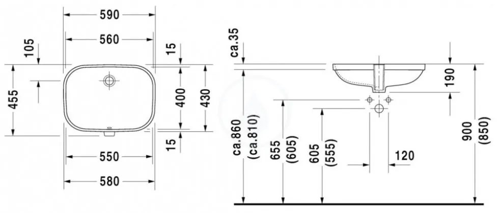 DURAVIT D-Code umývadlo vstavané 560x400 mm, bez otvoru na batériu, biela, 0338560000