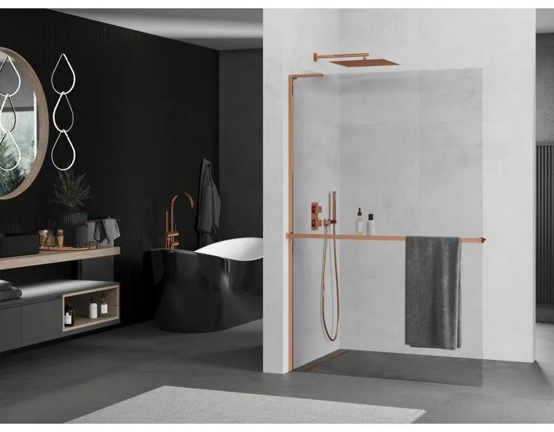 Mexen Kioto+ L, sprchová zástena Walk-In s poličkou a vešiakom 85 x 200 cm, 8mm číre sklo, ružové zlato profil, 800-085-123-60-00