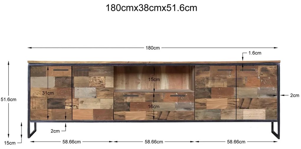 furniture-nabytek.cz - Masivní TV stolek Bristol z recyklovaného dřeva, hnědý – 180×38×52 cm