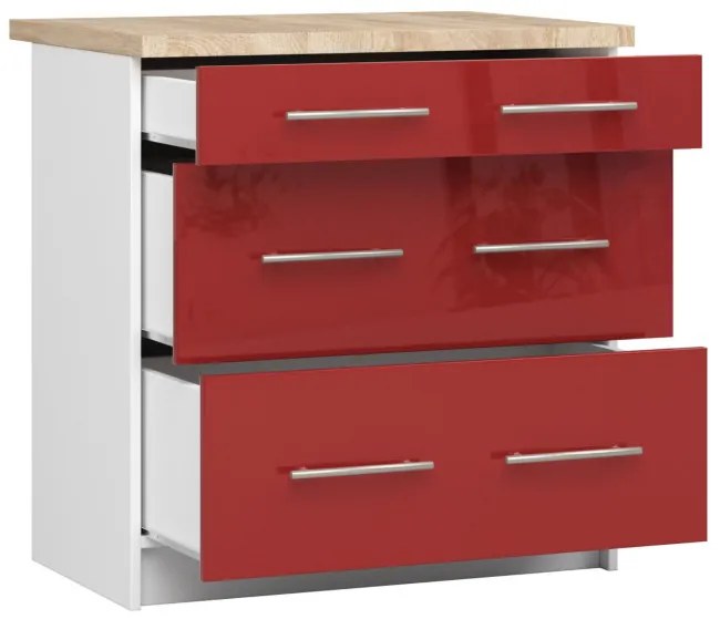 Spodná kuchynská skrinka s doskou OLIWIA S80 3SZ biela / červená, lesk