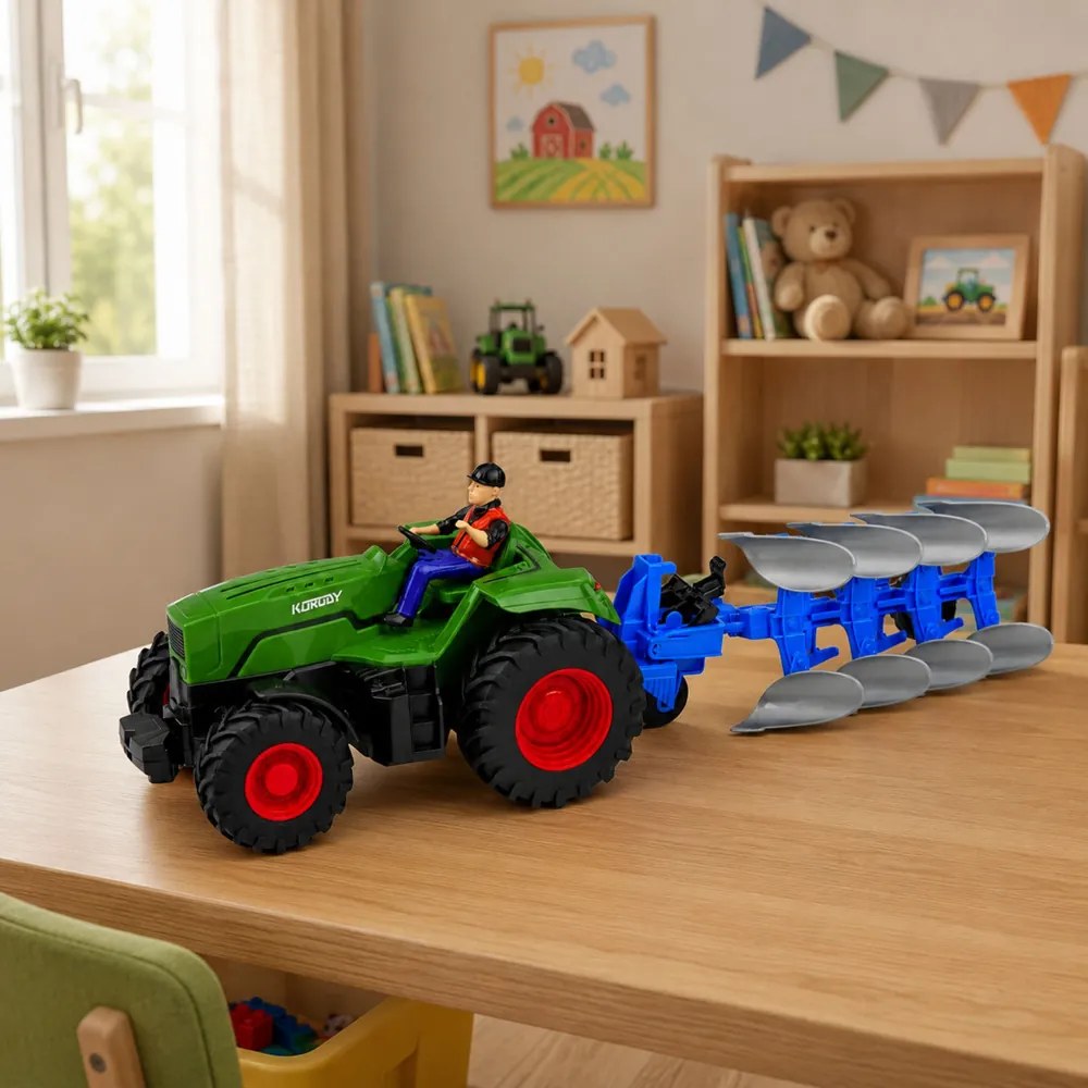 LEAN Toys Traktor s pluhom a poľnohospodárom, diaľkovo ovládaný RC, so svetlami, zelený, mierka 1:24