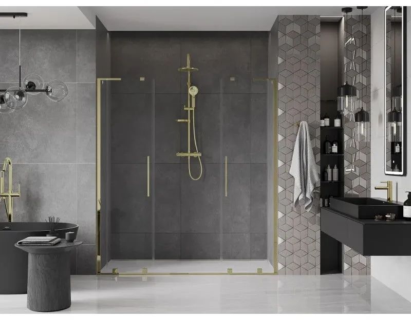 Mexen Velar L Duo, posuvné sprchové dvere do otvoru 180 cm, 8mm číre sklo, zlatá lesklá, 871-180-003-02-50