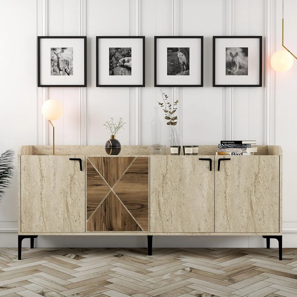 Konzolový stolík Venedik - Walnut, Travertine