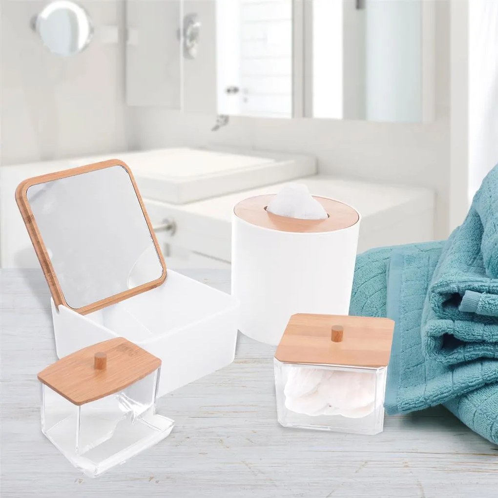 Kozmetický úložný box, biely s bambusovým vekom, so zrkadlom, šperkovnica WHITNEY
