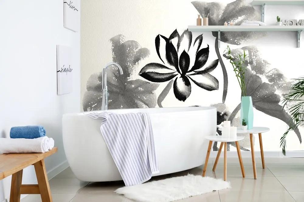 Tapeta akvarelový čiernobiely lotosový kvet - 300x200