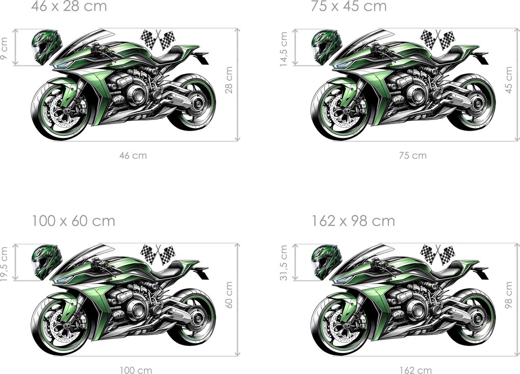 Zelená motorka textilní prelepiteľná nálepka na stenu hárok 46 x 28 cm