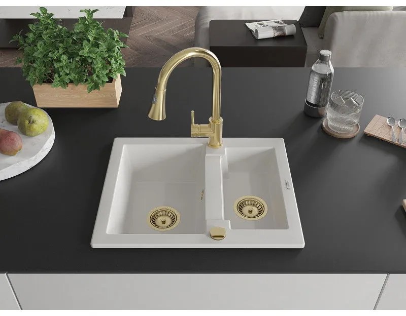 Mexen Carlos, 1,5-komorový granitový drez 582x475x177 mm a drezová batéria Elia, biela, 6518-20-670101-50