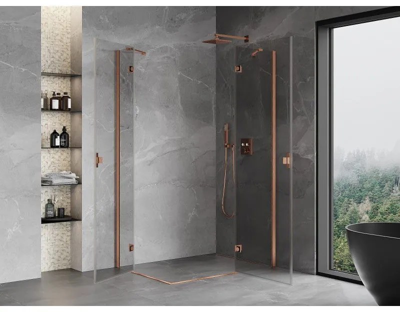 Mexen Mist-H Duo, 2-krídlový výklopný sprchový kút 80 x 105 cm, číre sklo, medený matný profil, 8A5-080L-105P-65-00