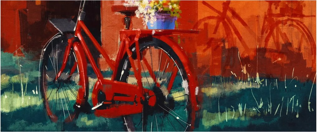 Obraz červeného kolesa, akrylová maľba (120x50 cm)
