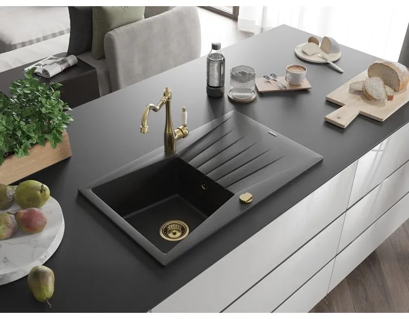 Mexen Cesar, 1-komorový granitový drez 775x470x190 mm a drezová batéria Carla, čierna-strieborná metalíza, 6514-73-670700-50