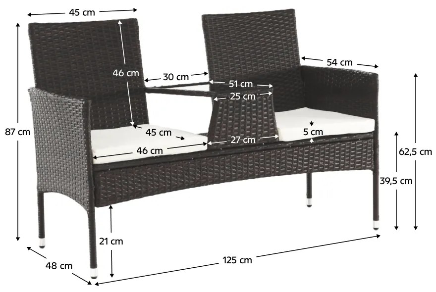 Záhradná lavica so stolíkom a poduškami, hnedá/krémová, LALIT