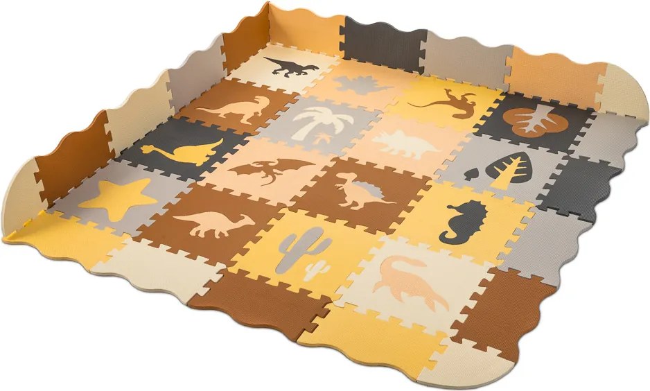 KIK Penová puzzle podložka a ohrádka pre deti, dinosaury, hnedá, 143 x 143 cm