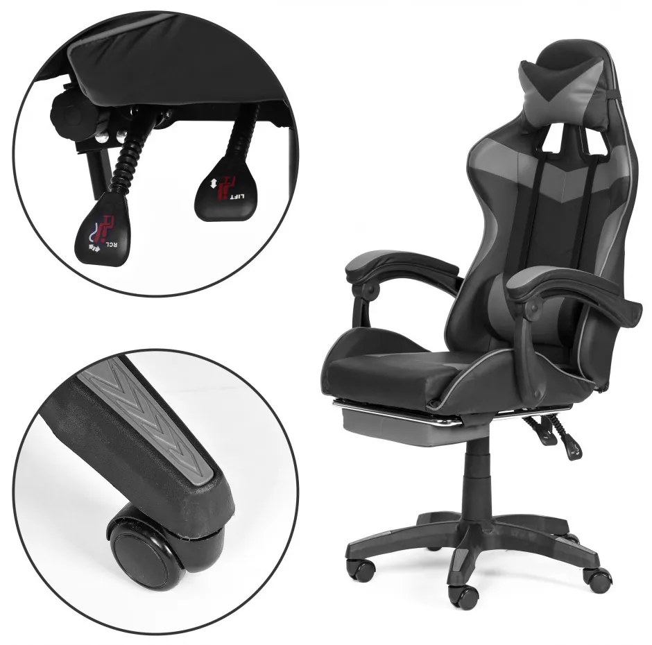 Kancelárska herná stolička s nastaviteľnou opierkou nôh - čierno-sivá