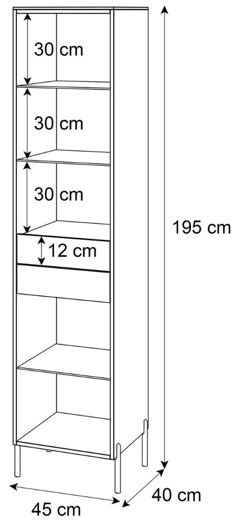 VITRÍNA NESSIE BIELY LESK + ZLATÁ NA NOŽIČKÁCH 45 x 195 cm