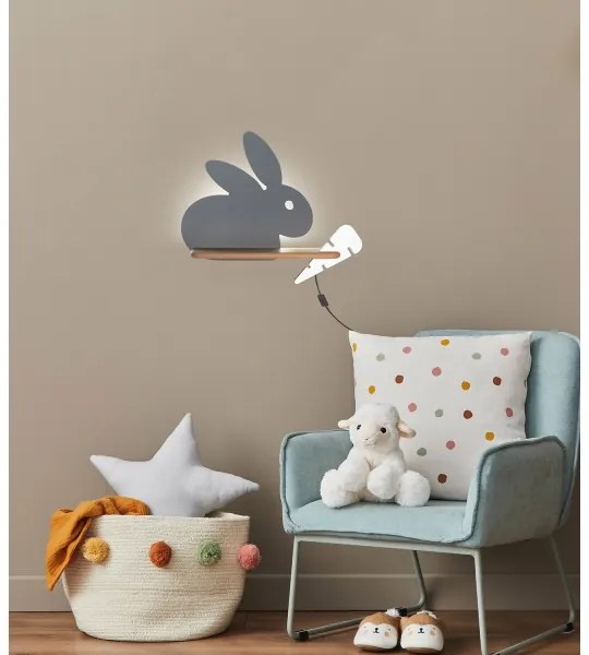 LED Detské nástenné svietidlo s poličkou RABBIT LED/4W/230V šedá/biela/drevo