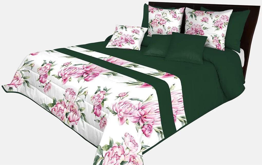 Prehoz na posteľ v krásnej tmavo zelenej farbe s potlačou ružových kvetín a zelených listov
