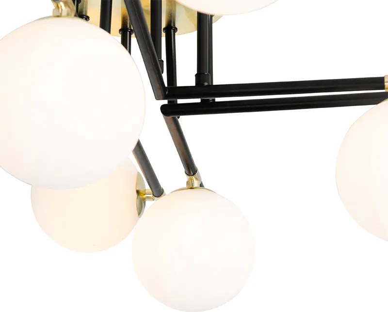 Stropné svietidlo čierne so zlatom a opálovým sklom 8-žiarovkové - Lynn