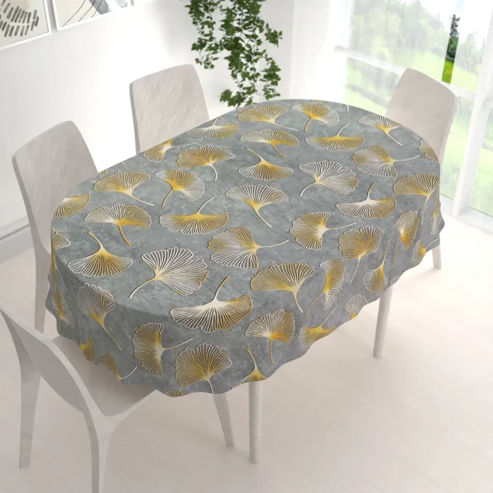Biante Zamatový oválny obrus Tamara TMR-002 Ginkgo lístky na sivozelenom 140x180 cm