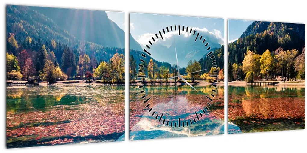 Obraz - Jazero Jasna, Gozd Martuljek, Julské Alpy, Slovinsko (s hodinami) (90x30 cm)